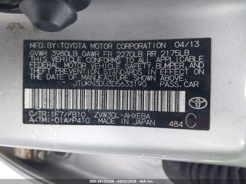 JTDKN3DU3D5633190 | 2013 TOYOTA PRIUS