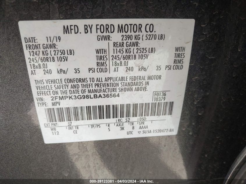 2020 Ford Edge Se VIN: 2FMPK3G98LBA36564 Lot: 39123381