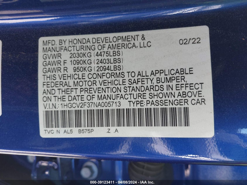 VIN 1HGCV2F37NA005713 2022 HONDA ACCORD SPORT 2.0T