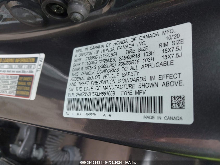 VIN 2HKRW2H8XLH691069 2020 HONDA CR-V AWD EX-L
