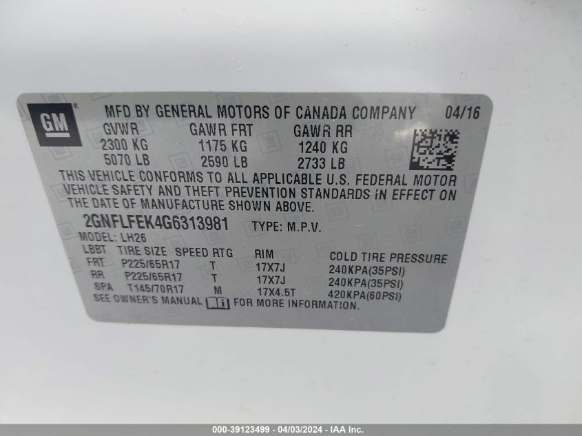 2GNFLFEK4G6313981 2016 Chevrolet Equinox Lt