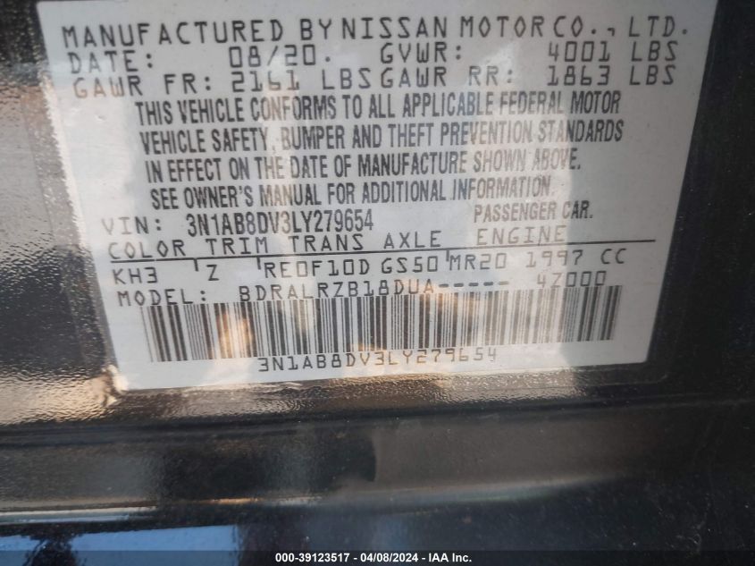 2020 Nissan Sentra Sr Xtronic Cvt VIN: 3N1AB8DV3LY279654 Lot: 39123517