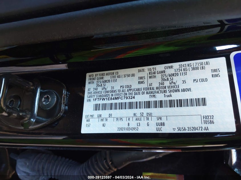 VIN 1FTFW1E84MFC79324 2021 FORD F-150 KING RANCH