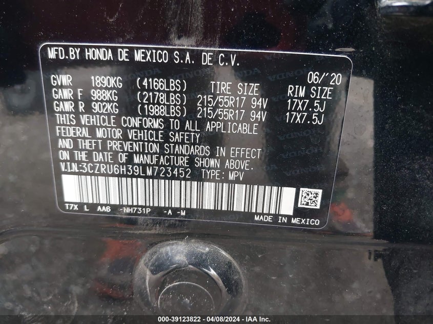 2020 HONDA HR-V AWD LX - 3CZRU6H39LM723452