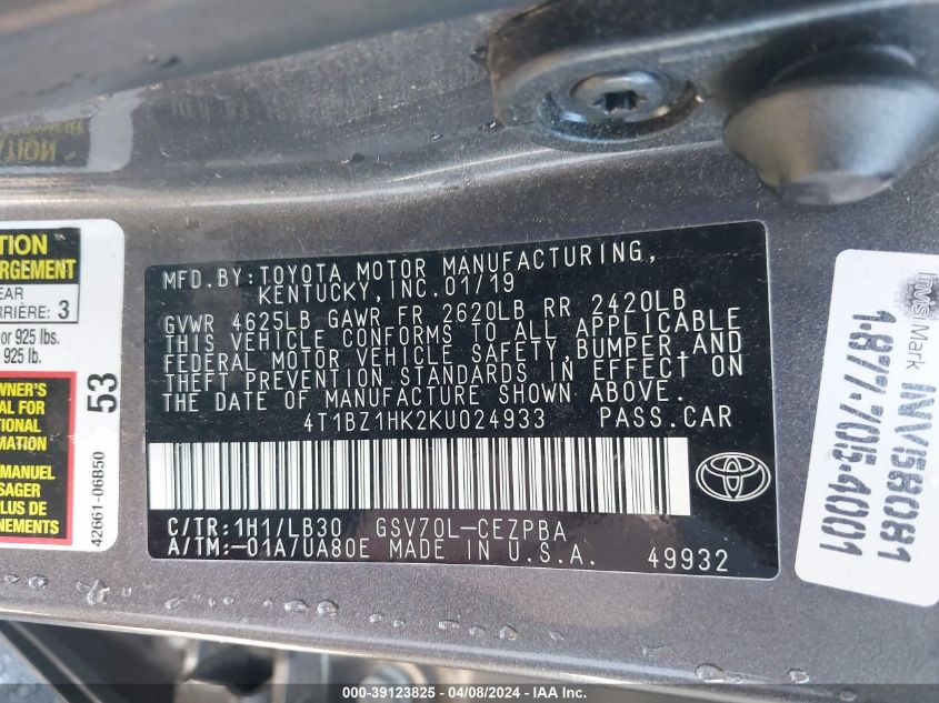 4T1BZ1HK2KU024933 2019 Toyota Camry Xse V6