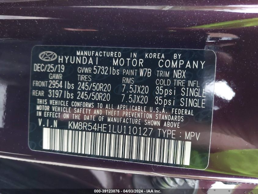 VIN KM8R54HE1LU110127 2020 HYUNDAI PALISADE no.9