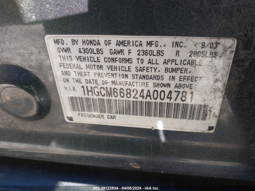 1HGCM66824A004781 | 2004 HONDA ACCORD