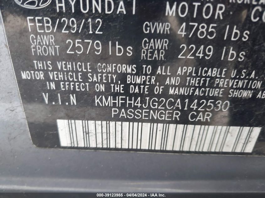 KMHFH4JG2CA142530 2012 Hyundai Azera