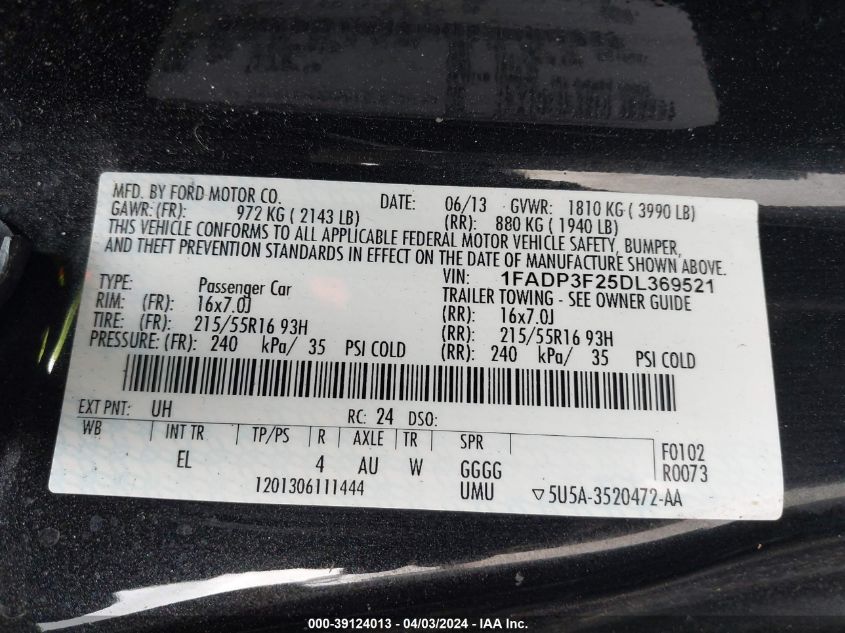 1FADP3F25DL369521 | 2013 FORD FOCUS