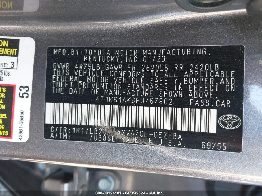 4T1K61AK6PU767802 | 2023 TOYOTA CAMRY