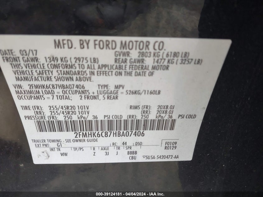 VIN 2FMHK6C87HBA07406 2017 FORD FLEX SEL