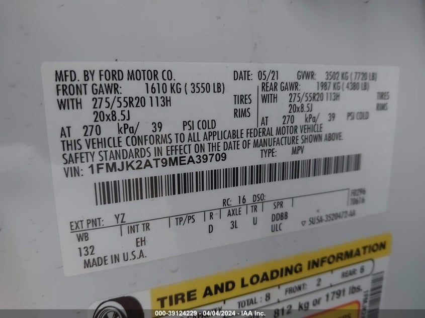 VIN 1FMJK2AT9MEA39709 2021 FORD EXPEDITION MAX LIMITED