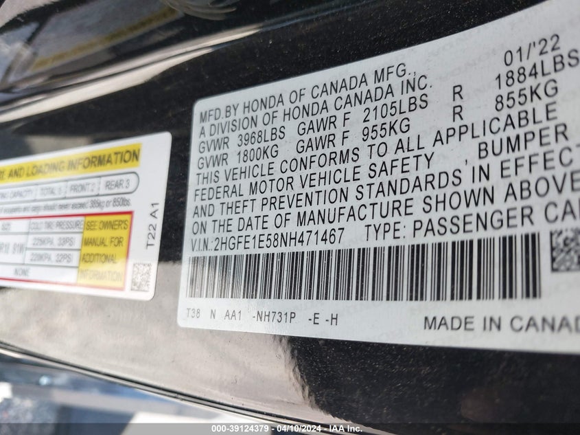 2022 HONDA CIVIC SI SEDAN - 2HGFE1E58NH471467