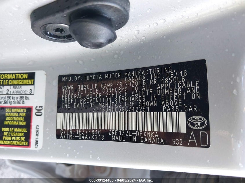 2016 TOYOTA COROLLA LE - 2T1BURHE5GC742251