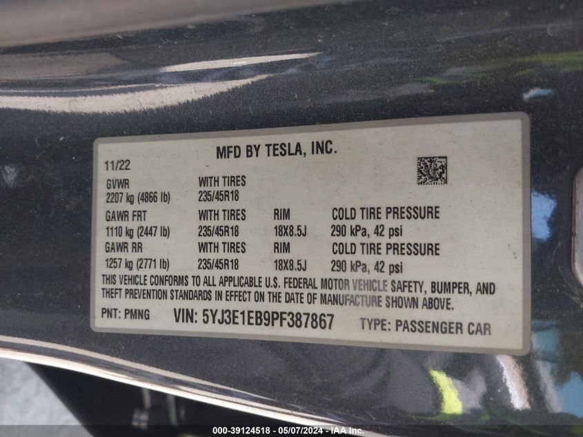 2023 Tesla Model 3 Long Range Dual Motor All-Wheel Drive VIN: 5YJ3E1EB9PF387867 Lot: 39124518