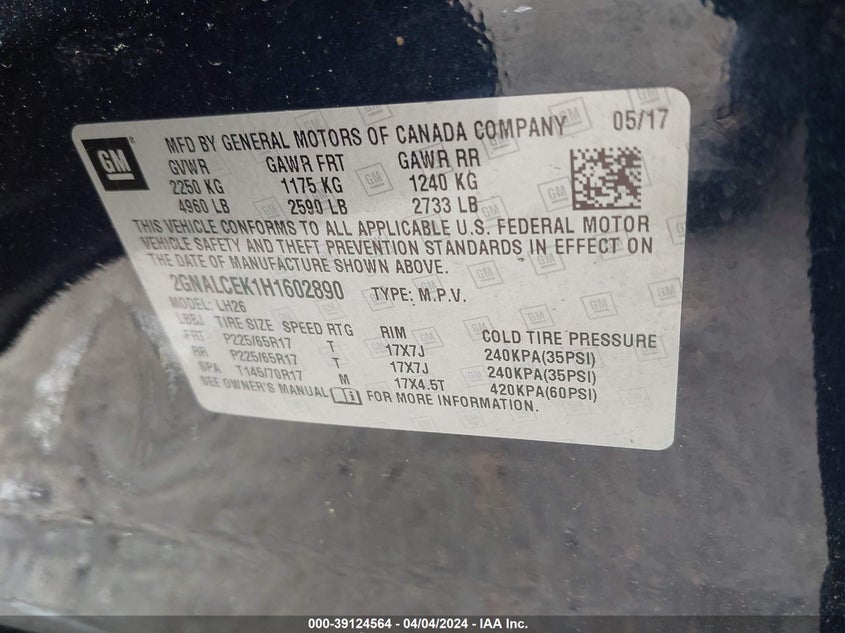 VIN 2GNALCEK1H1602890 2017 CHEVROLET EQUINOX LT