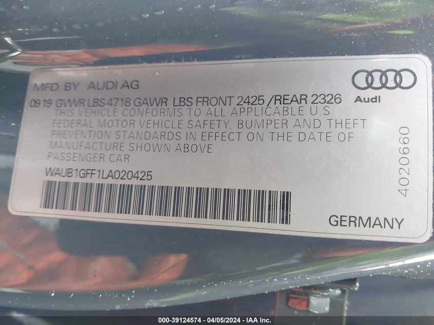 2020 AUDI S3 PREMIUM - WAUB1GFF1LA020425