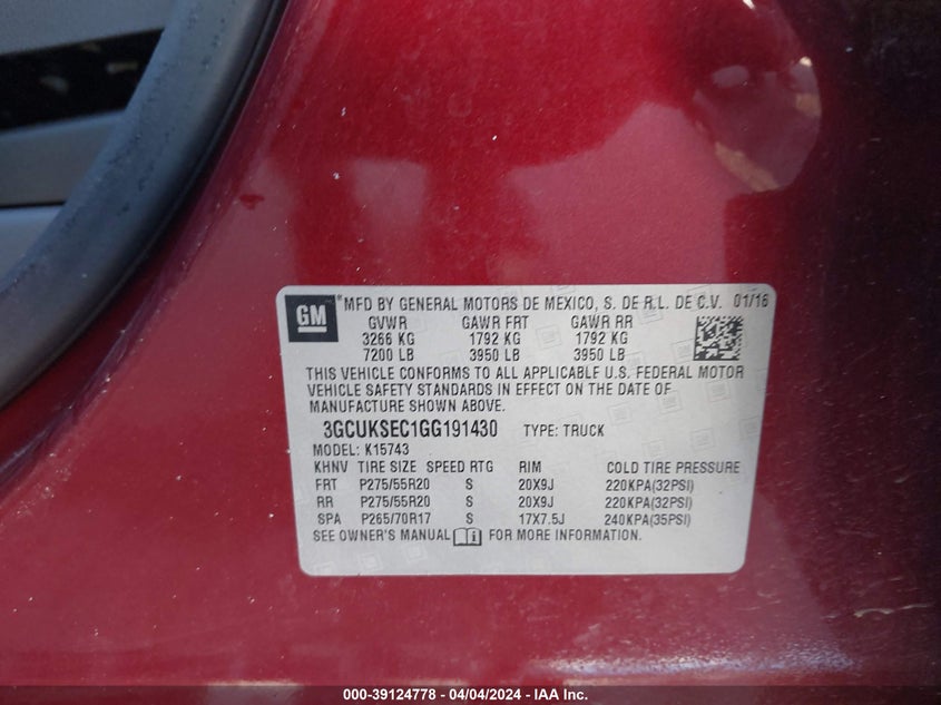 2016 CHEVROLET SILVERADO 1500 2LZ - 3GCUKSEC1GG191430