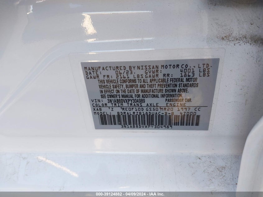 VIN 3N1AB8DVXPY304989 2023 NISSAN SENTRA SR