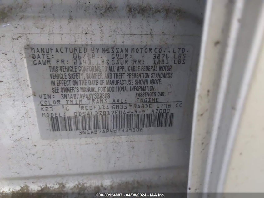 VIN 3N1AB7AP4JY339308 2018 NISSAN SENTRA S/SV/SR/SL