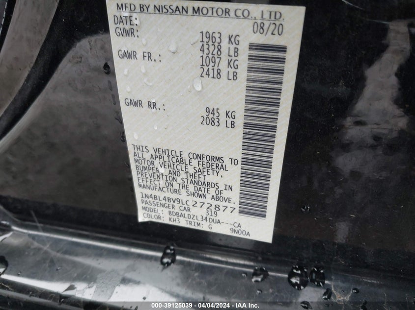 VIN 1N4BL4BV9LC272877 2020 NISSAN ALTIMA S