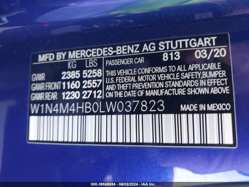 2020 Mercedes-Benz Glb 250 4Matic VIN: W1N4M4HB0LW037823 Lot: 39125314