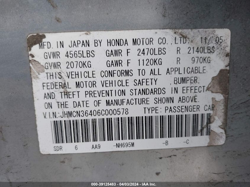 JHMCN36406C000578 | 2006 HONDA ACCORD HYBRID