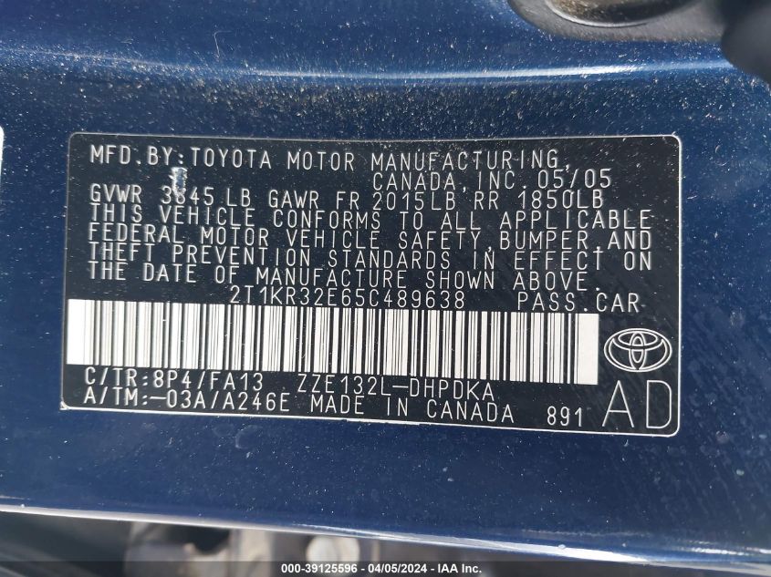 2T1KR32E65C489638 2005 Toyota Matrix