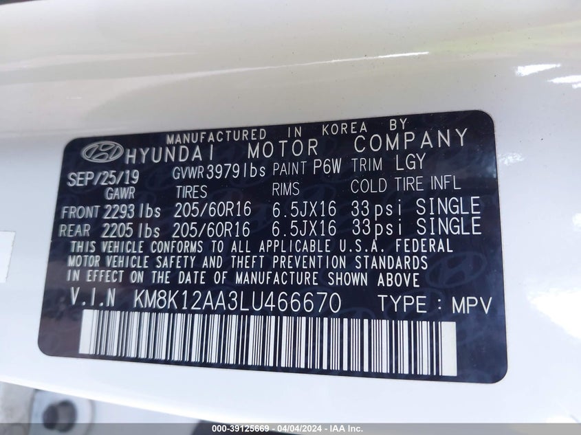 VIN KM8K12AA3LU466670 2020 HYUNDAI KONA SE