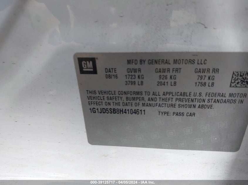 2017 CHEVROLET SONIC LT AUTO - 1G1JD5SB8H4104611