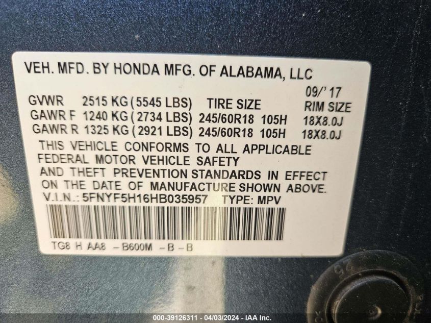 5FNYF5H16HB035957 | 2017 HONDA PILOT