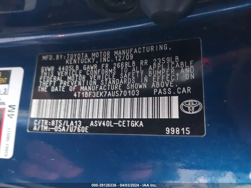 4T1BF3EK7AU570103 | 2010 TOYOTA CAMRY