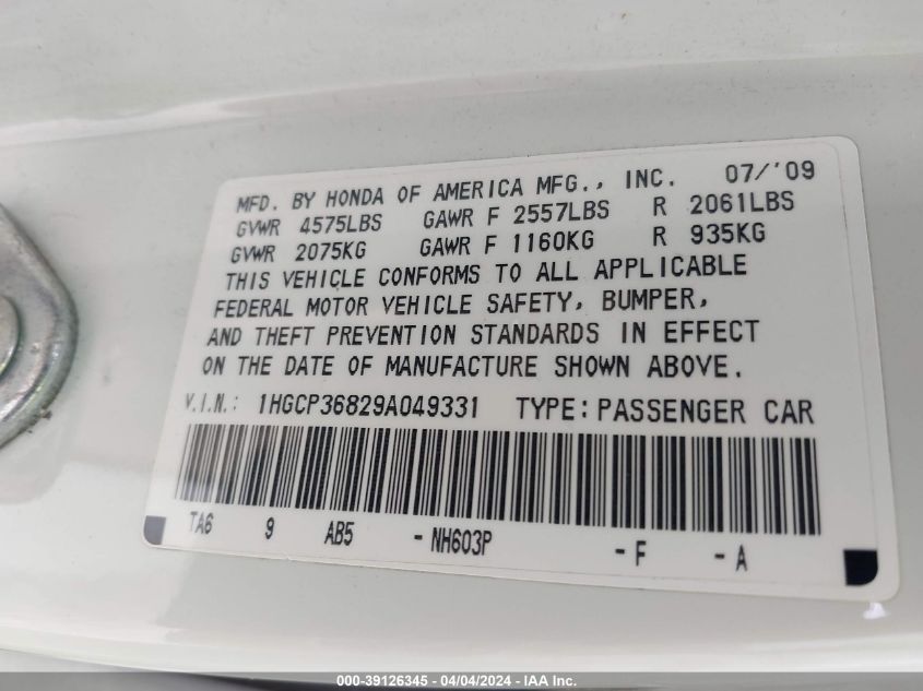 2009 Honda Accord 3.5 Ex-L VIN: 1HGCP36829A049331 Lot: 39126345