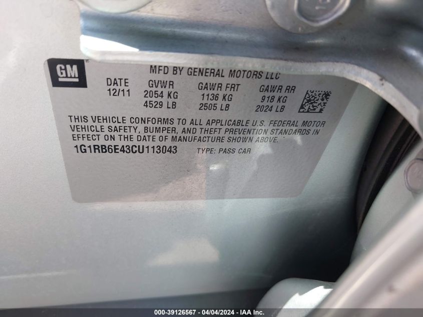 1G1RB6E43CU113043 | 2012 CHEVROLET VOLT