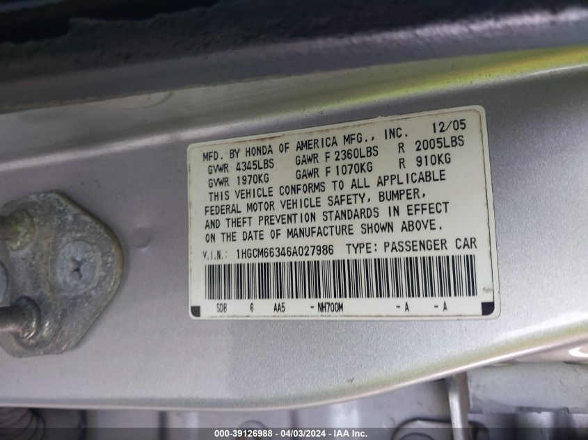 1HGCM66346A027986 | 2006 HONDA ACCORD