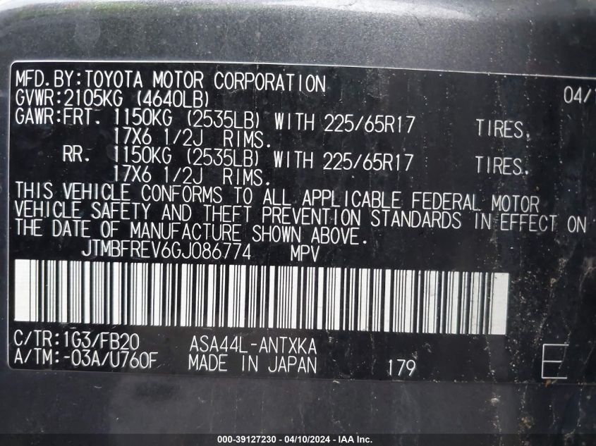 2016 Toyota Rav4 Le VIN: JTMBFREV6GJ086774 Lot: 39127230