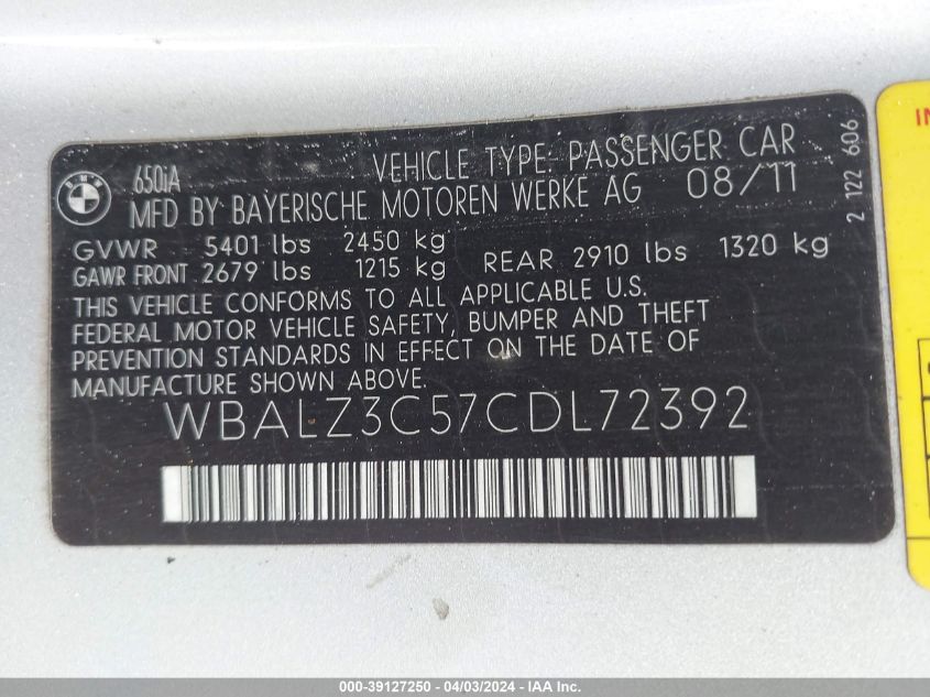 WBALZ3C57CDL72392 | 2012 BMW 650I