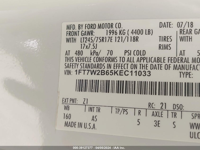 2019 FORD F-250 XL - 1FT7W2B65KEC11033