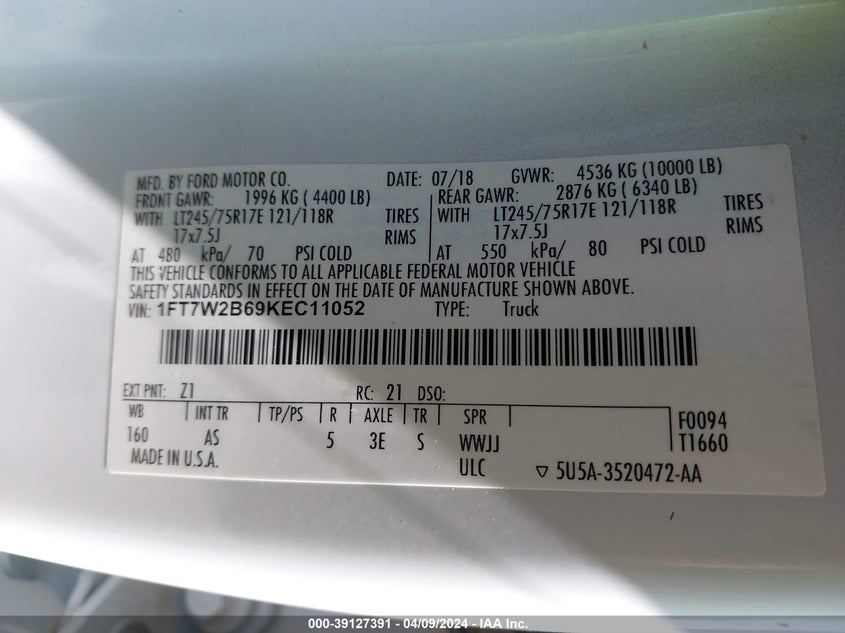 2019 FORD F-250 XL - 1FT7W2B69KEC11052