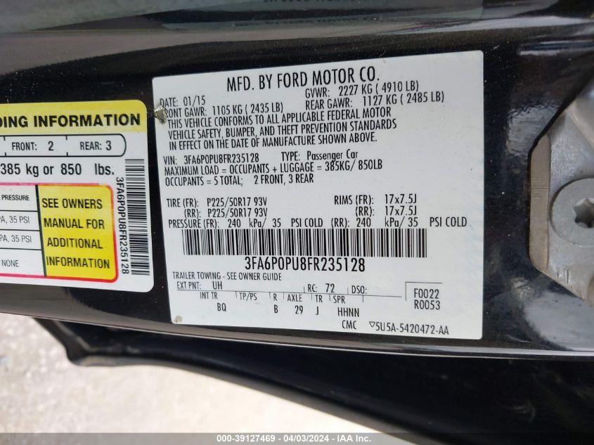 3FA6P0PU8FR235128 | 2015 FORD FUSION ENERGI