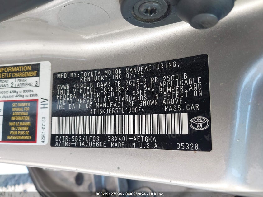 2015 TOYOTA AVALON XLE/PREMIUM/TOURING/LTD - 4T1BK1EB5FU180074