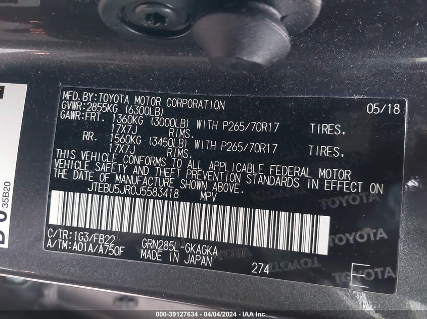 VIN JTEBU5JR0J5583418 2018 TOYOTA 4RUNNER SR5
