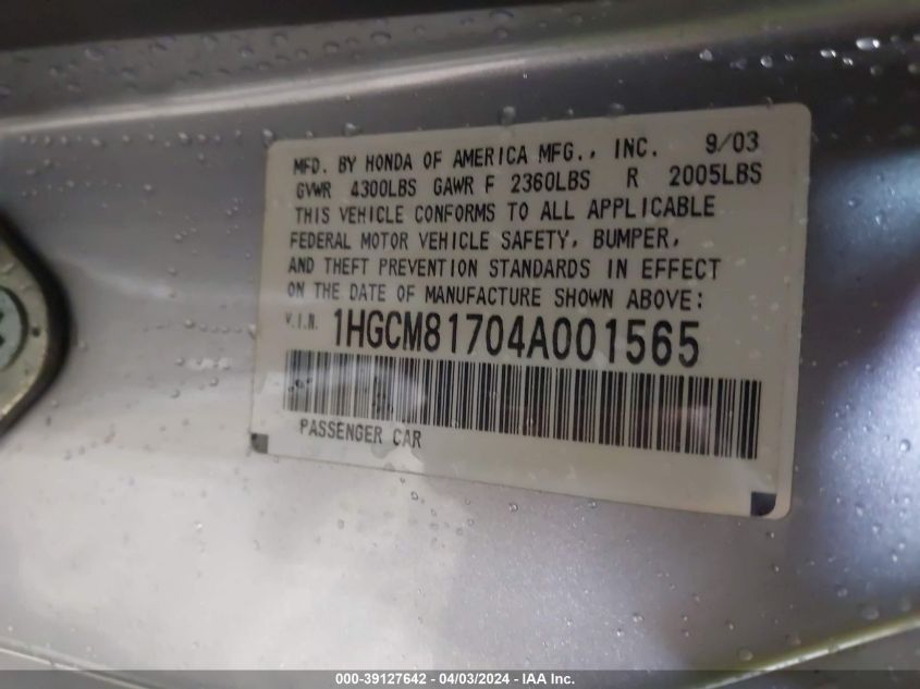 1HGCM81704A001565 | 2004 HONDA ACCORD