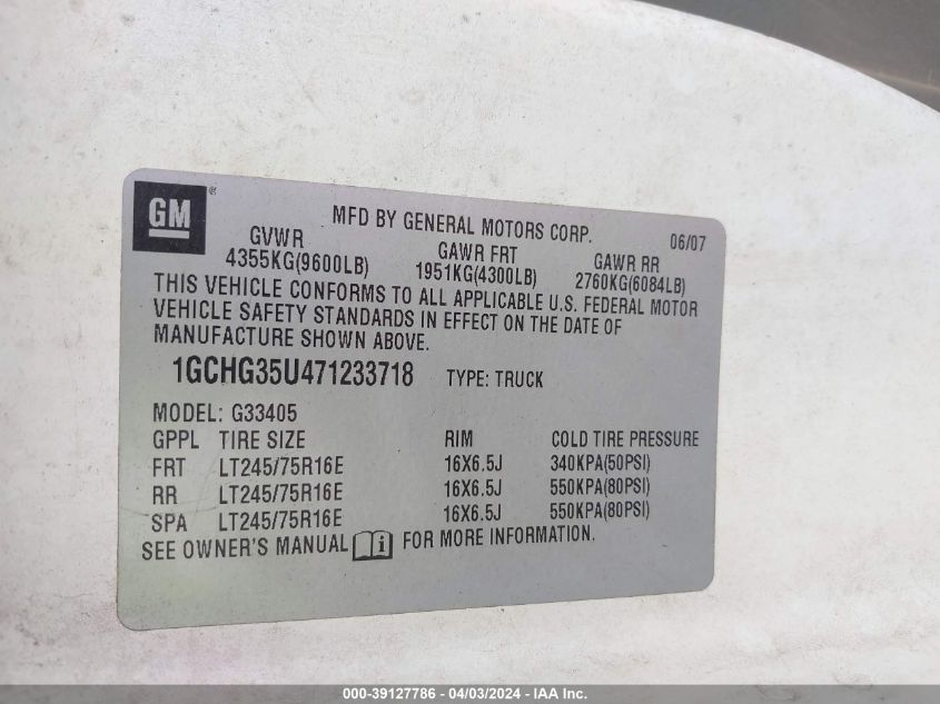 2007 Chevrolet Express Work Van VIN: 1GCHG35U471233718 Lot: 39127786