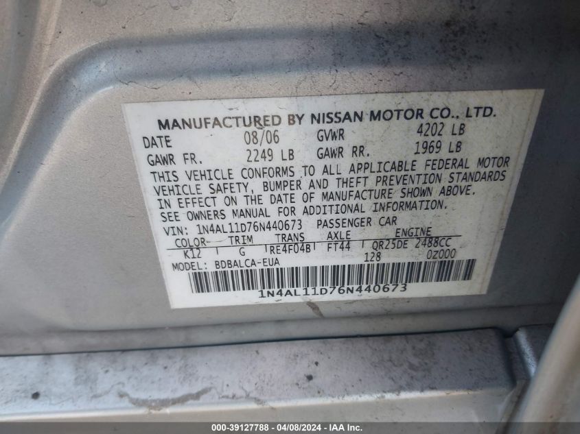 1N4AL11D76N440673 | 2006 NISSAN ALTIMA