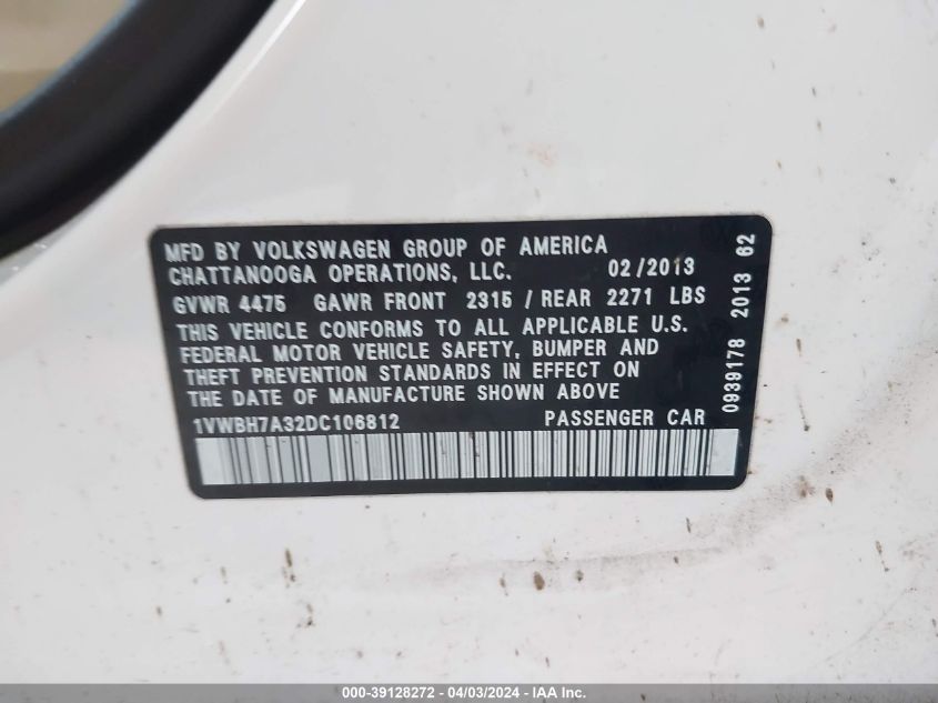 1VWBH7A32DC106812 | 2013 VOLKSWAGEN PASSAT