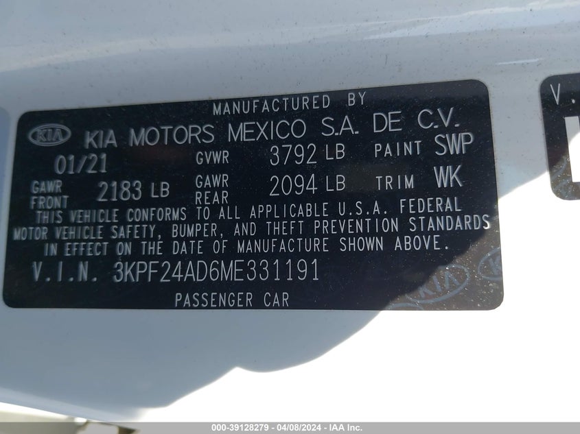 VIN 3KPF24AD6ME331191 2021 KIA FORTE FE/LXS