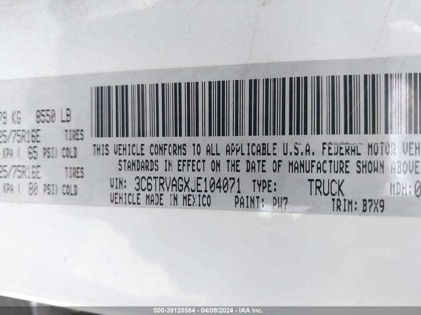 2018 RAM PROMASTER 1500 LOW ROOF 136 WB - 3C6TRVAGXJE104071