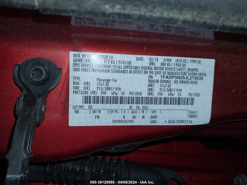 VIN 1FADP3N29JL279639 2018 FORD FOCUS TITANIUM