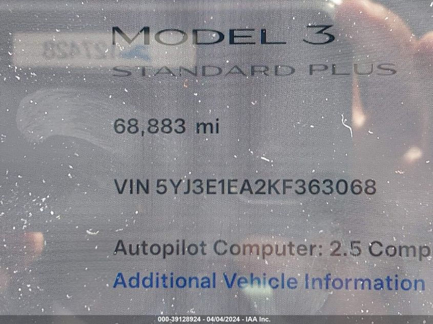 2019 Tesla Model 3 VIN: 5YJ3E1EA2KF363068 Lot: 39961564